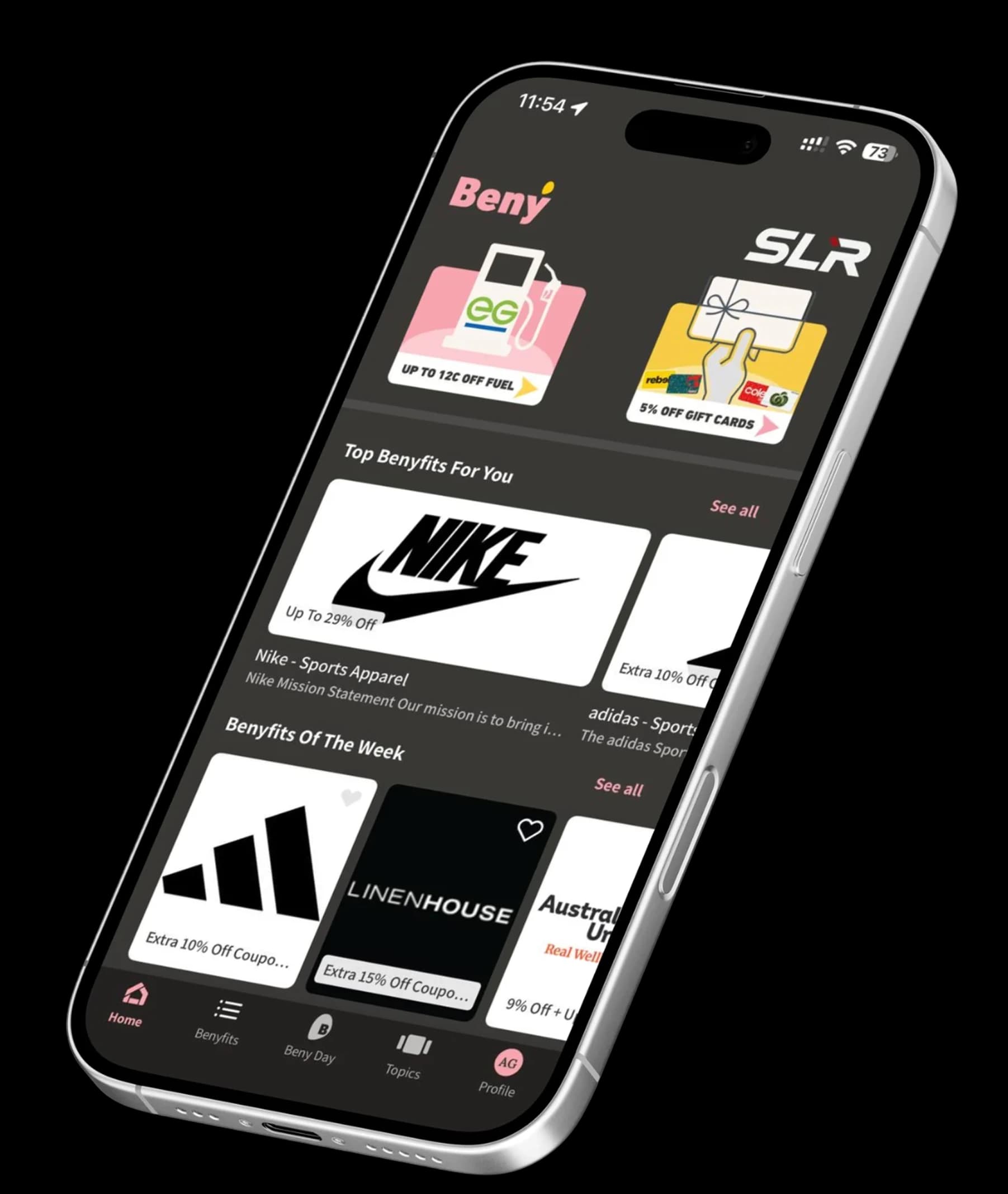 Beny benefits app on a smartphone